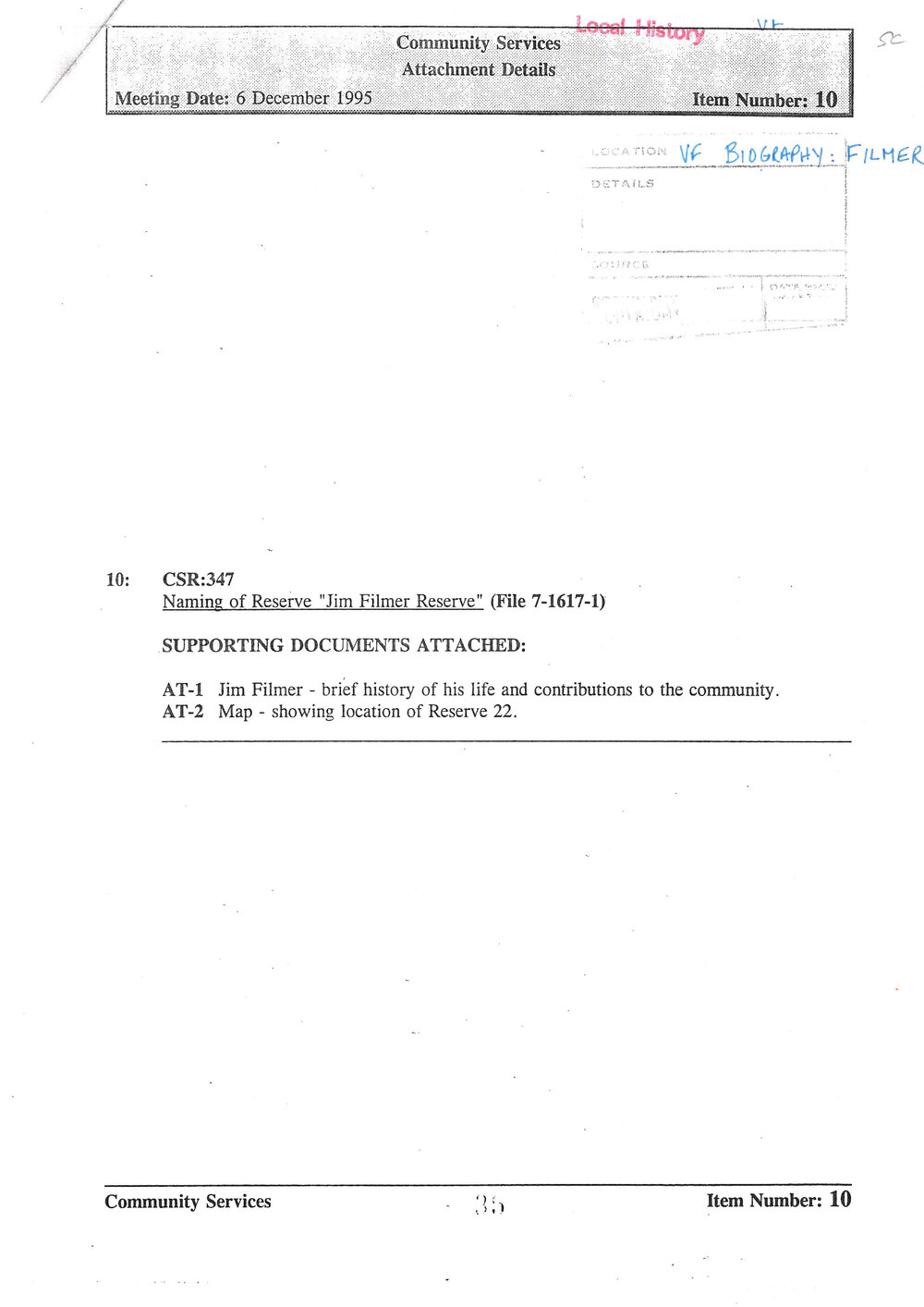 Naming of Jim Filmer Reserve, Blacktown, 1995