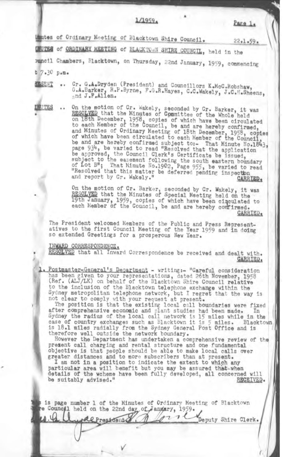 Blacktown Shire Council Minutes, Ordinary Meetings, 1959