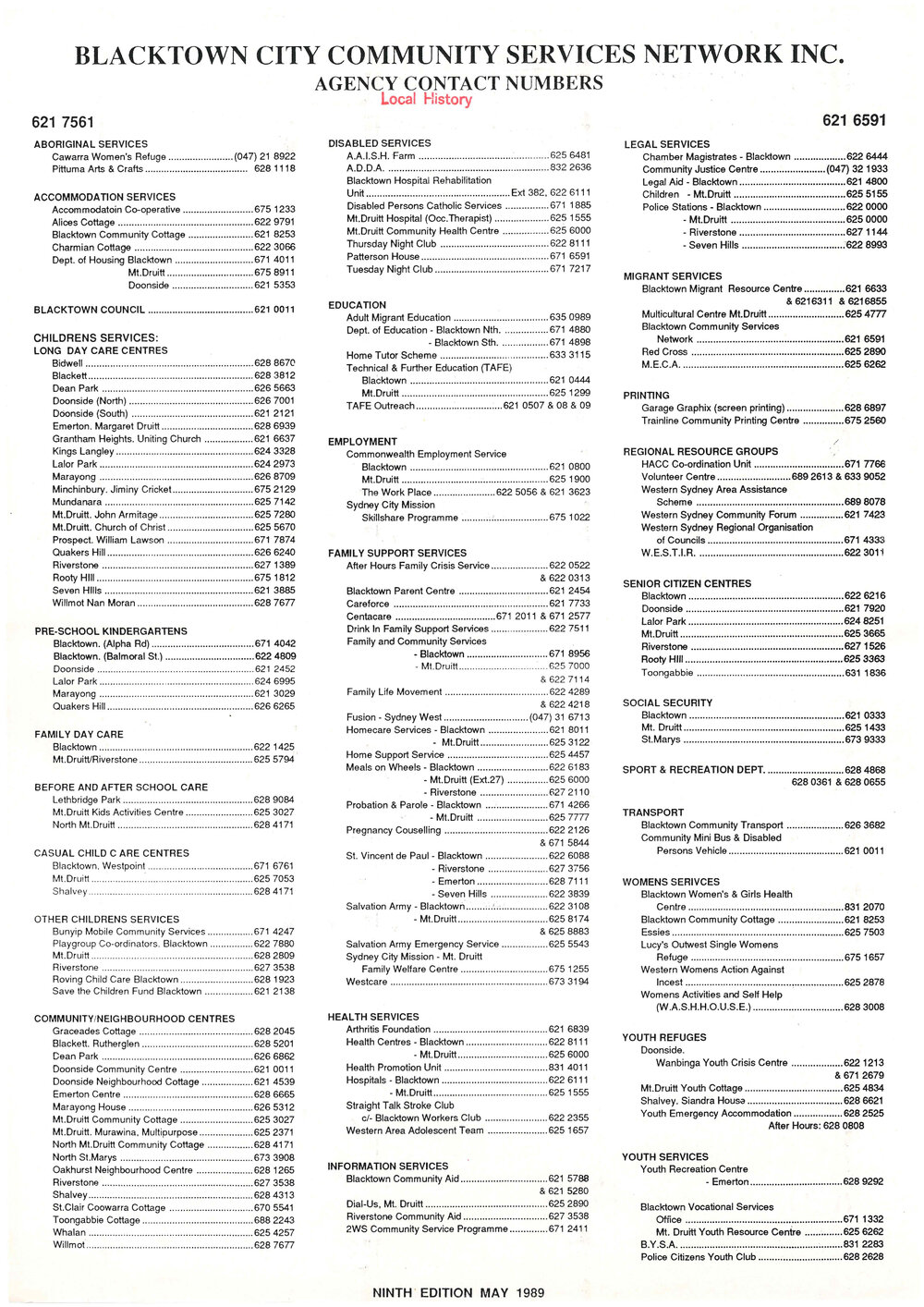Blacktown City Community Services - Agency contact numbers , 1989