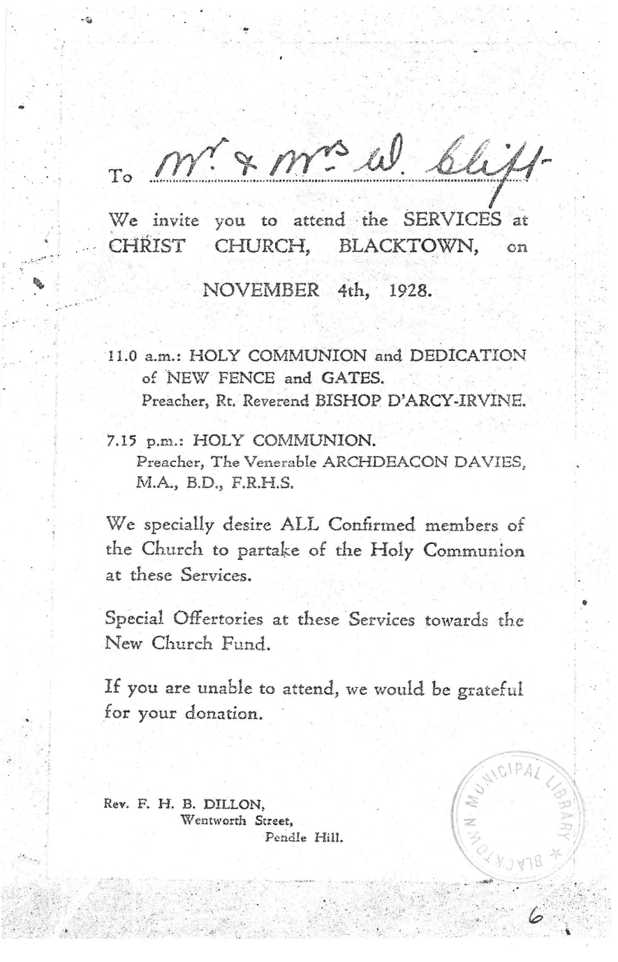 Invitation to attend services at Christ Church, Blacktown