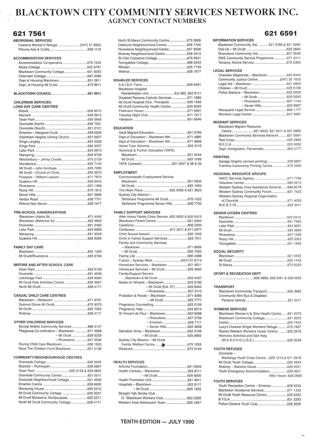Blacktown City Community Services - Agency contact numbers, 1990