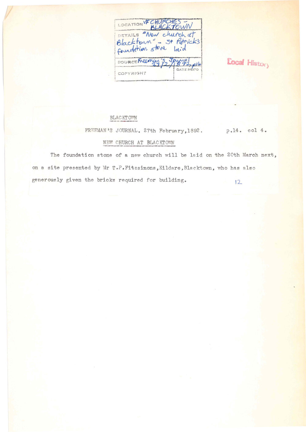 Laying of foundation stone, St Patrick's Catholic Church, Blacktown