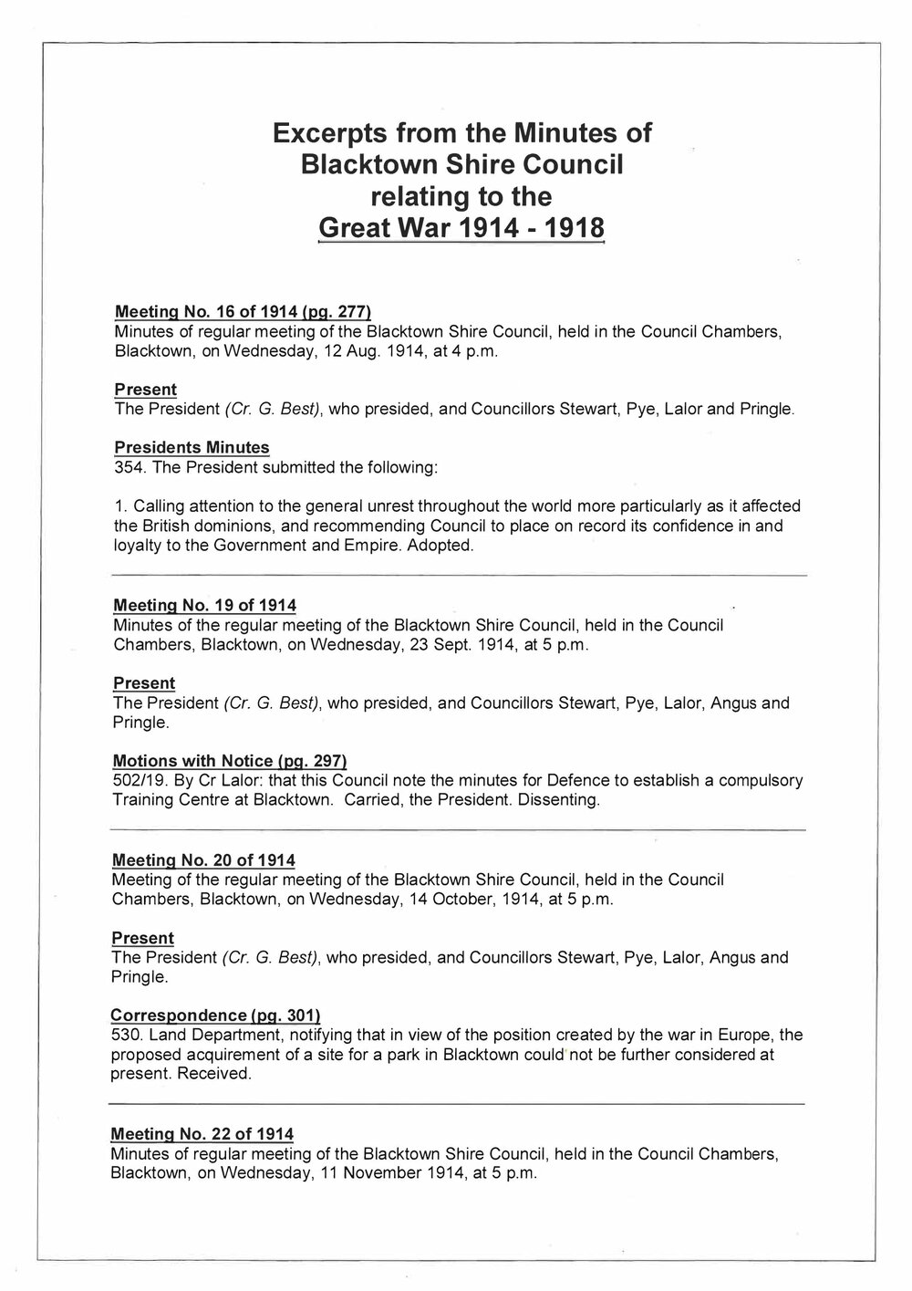 Excerpts of Minutes of Blacktown Shire relating to Great War 1914-1918