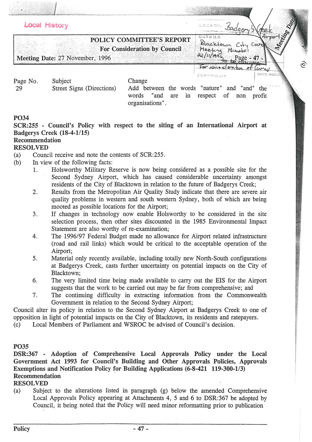 Blacktown Council Policy Committee's Report, 1996