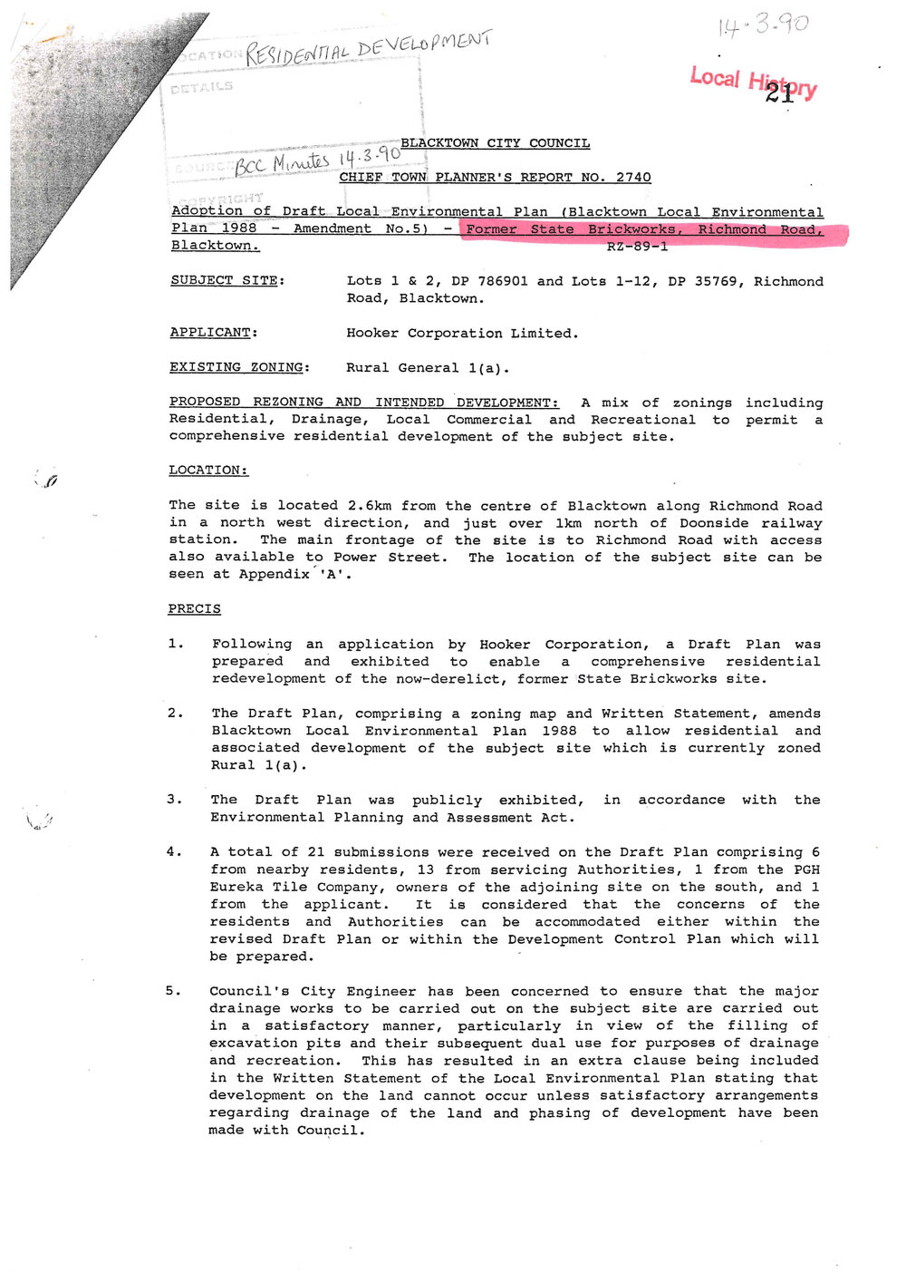 Chief Town Planners Report, former State Brickworks development, 1990