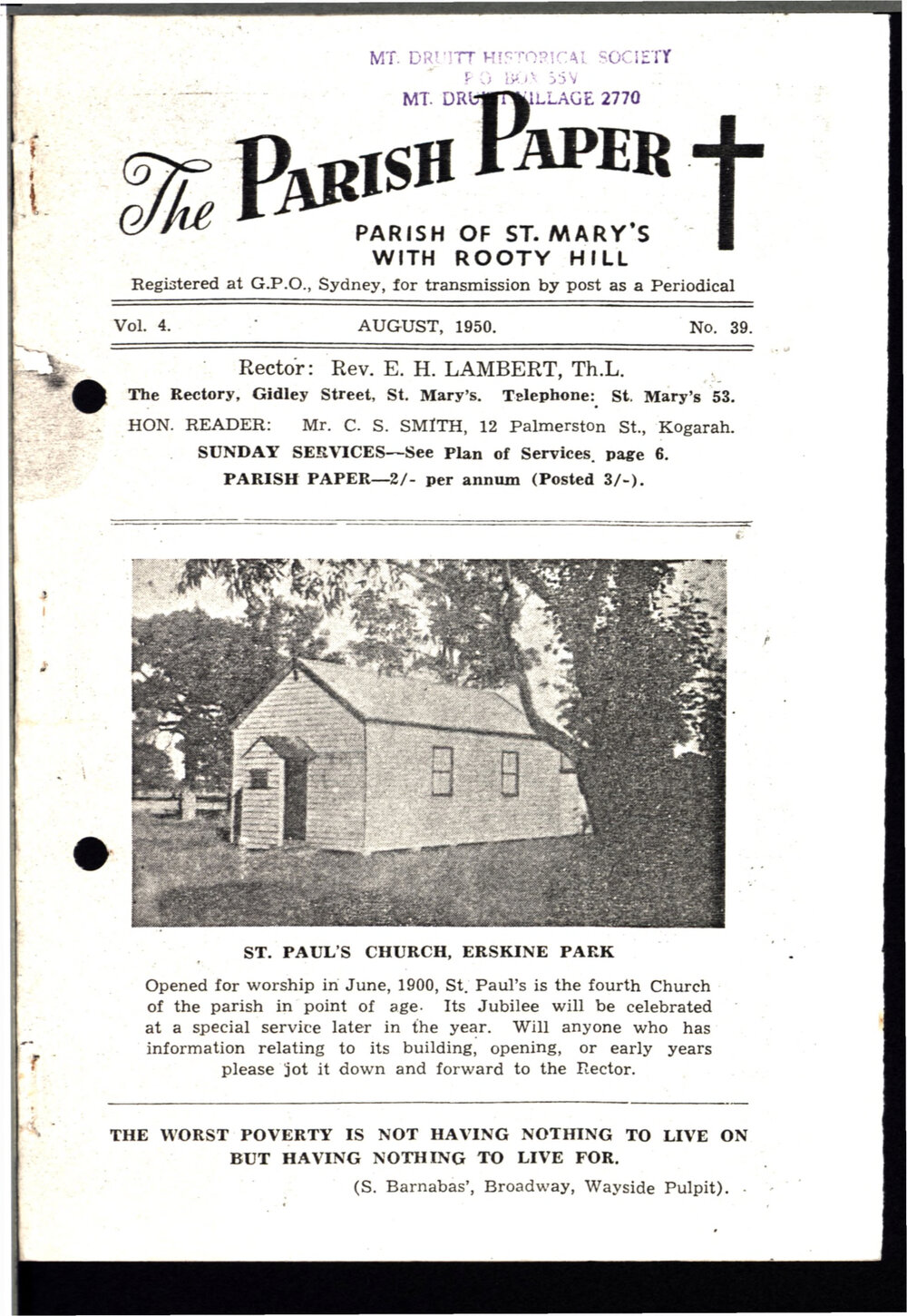 The Parish Paper St Marys Rooty Hill parish, Aug 1950