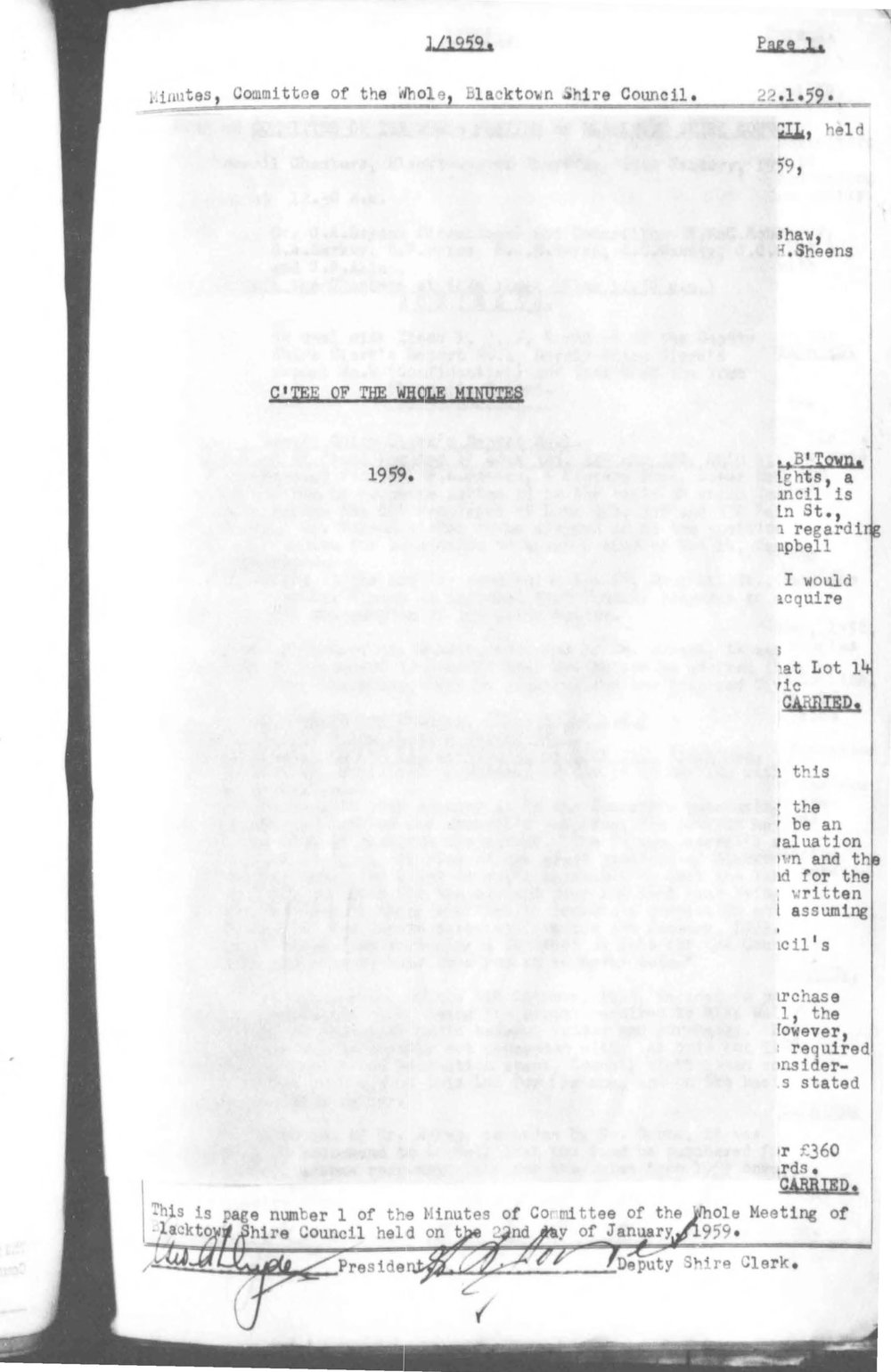 Blacktown Shire Council Minutes, Committee of the Whole,  1959