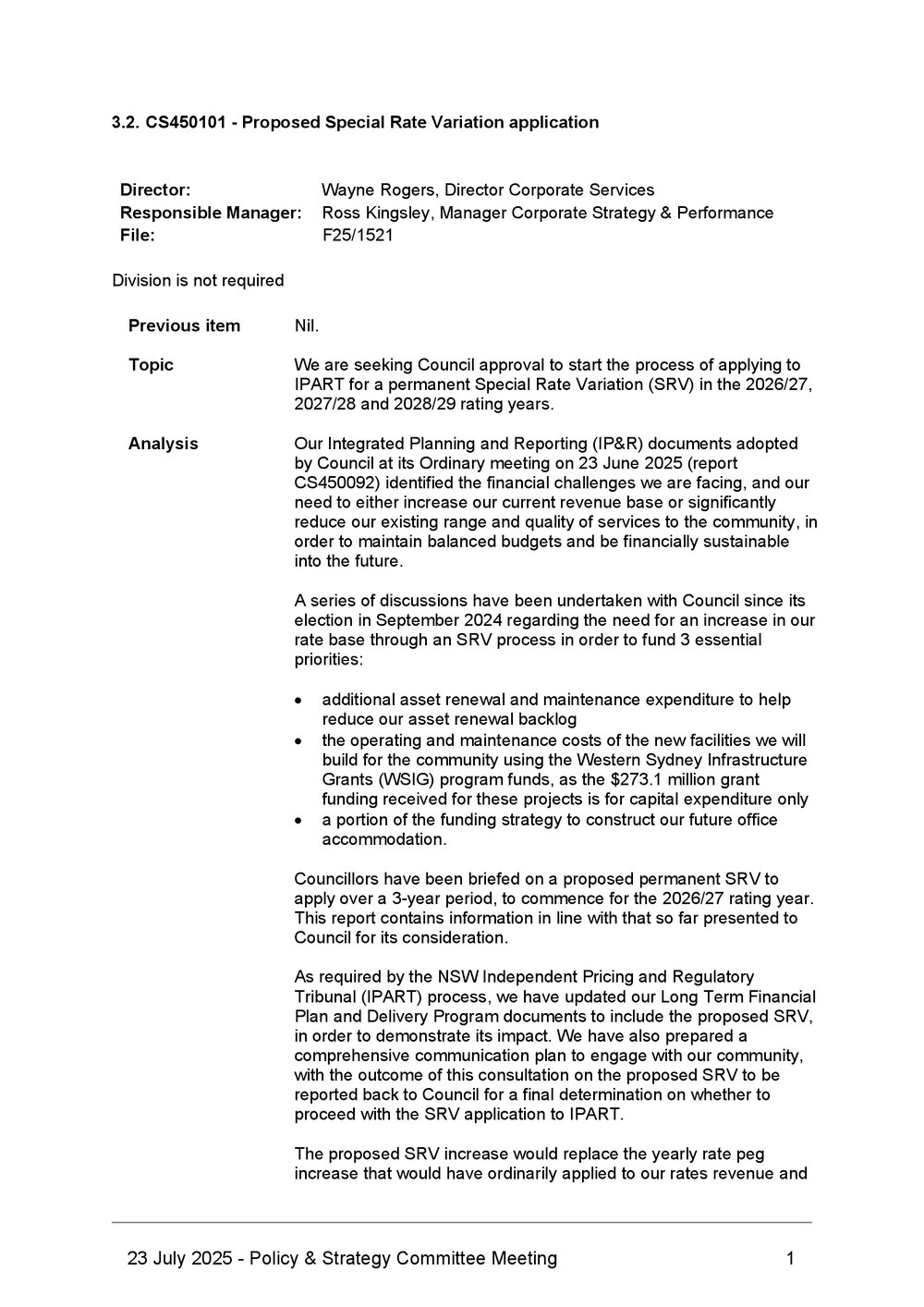 Proposed Special Rate Variation application, 2025