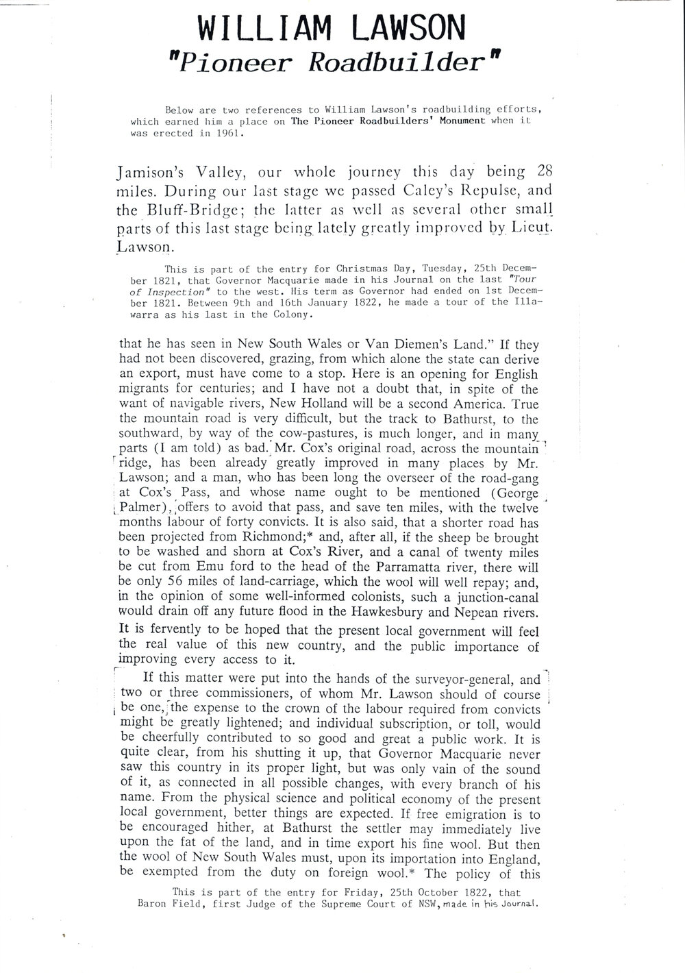 William Lawson 'Pioneer Roadbuilder' biography