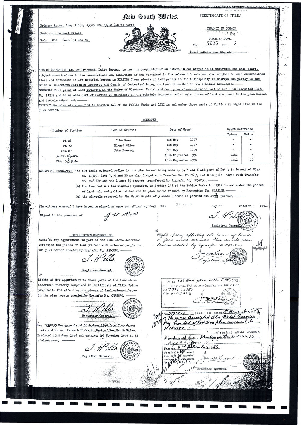 Certificate of Title - Norman Kenneth Hicks, 1957