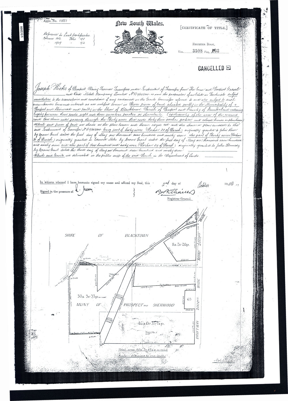 Certificate of Title - Joseph Hicks, 1923