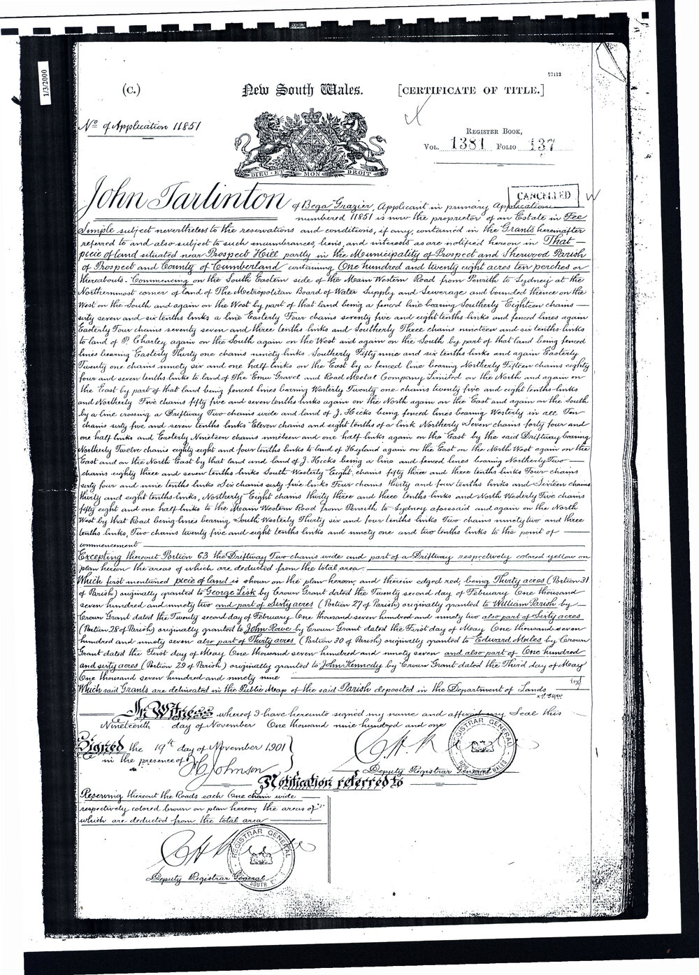 Certificate of Title - John Tarlington, 1901