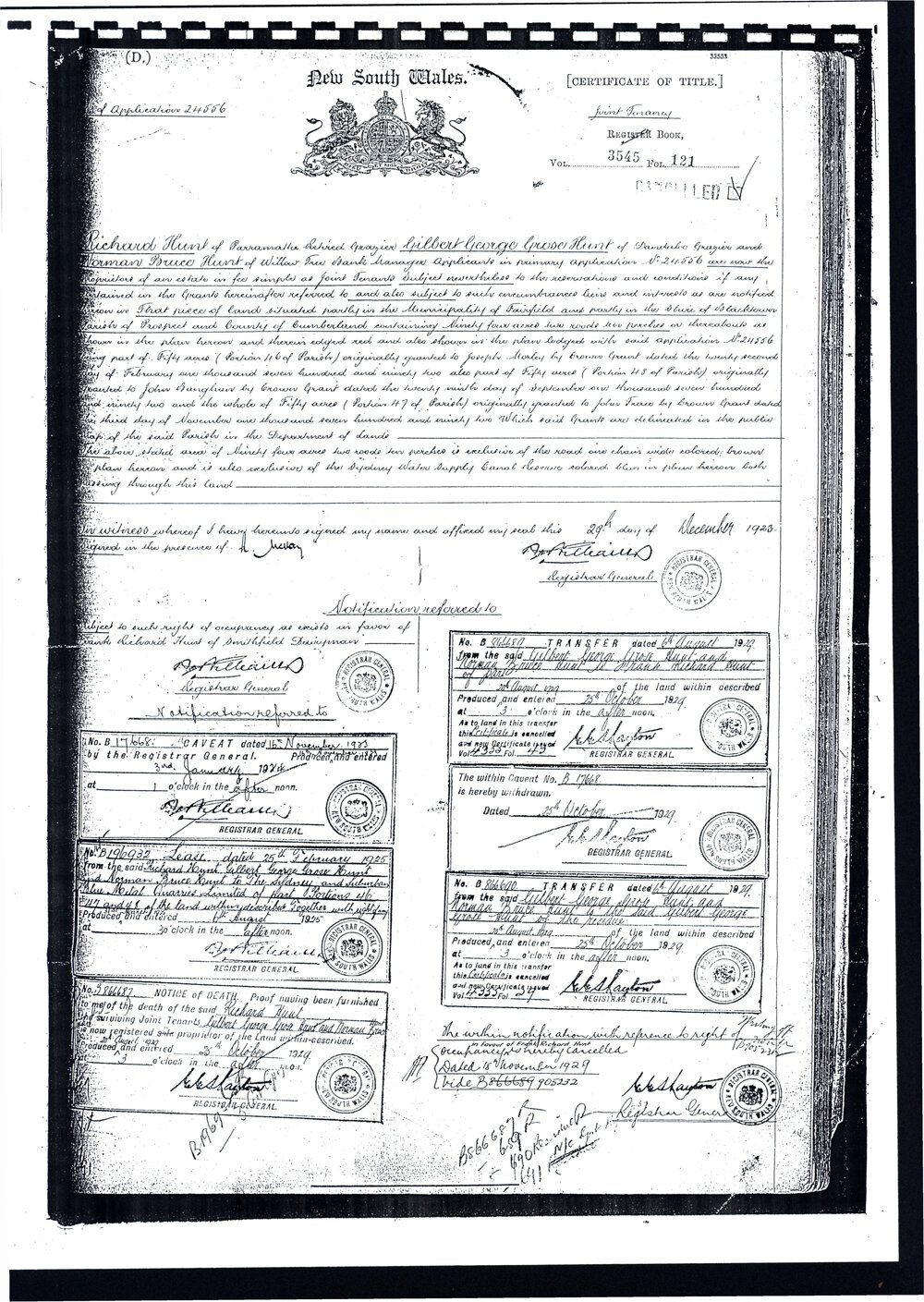 Certificate of Title - Richard Hunt, Gilbert George Grose Hunt, Norman Bruce Hunt, 1923