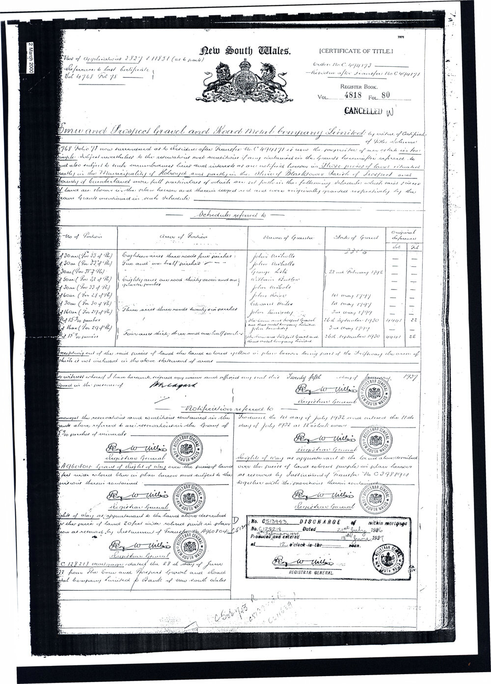 Certificate of Title - Emu and Prospect Gravel and Board Metal Company Limited, 1937