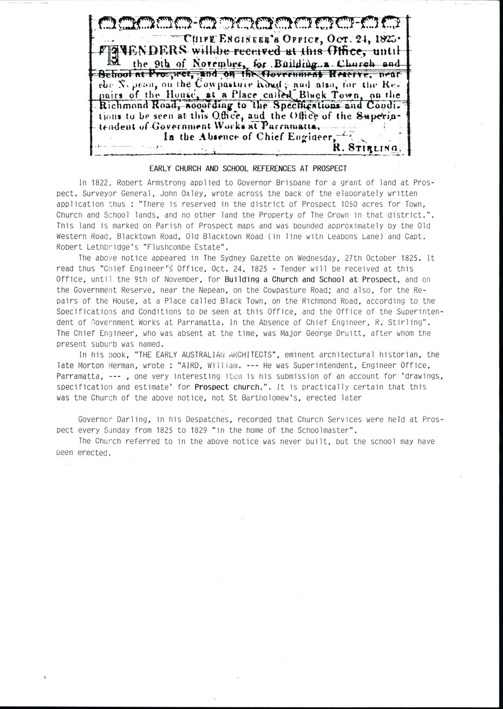 Tender notice for Church and School, Prospect, 1825