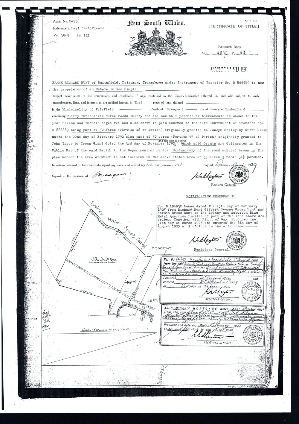 Certificate of Title - Frank Richard Hunt, 1929