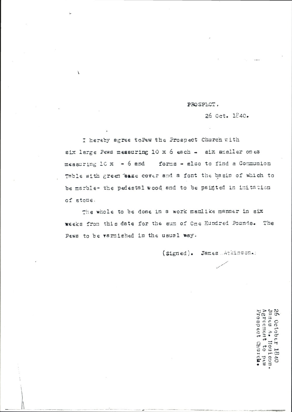  St Bartholomew's Church pew agreement, Prospect, 1840