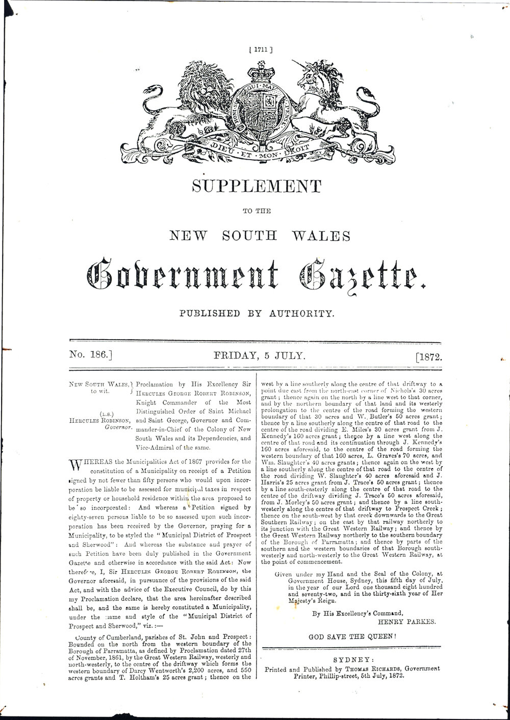 Proclamation of the Municipal District of Prospect and Sherwood, 1872