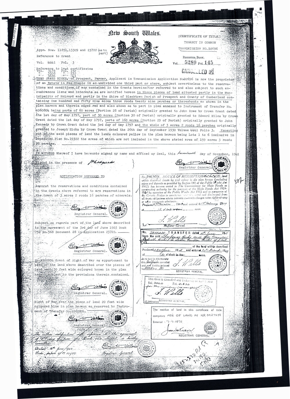 Certificate of Title - Theo James Hicks, 1941