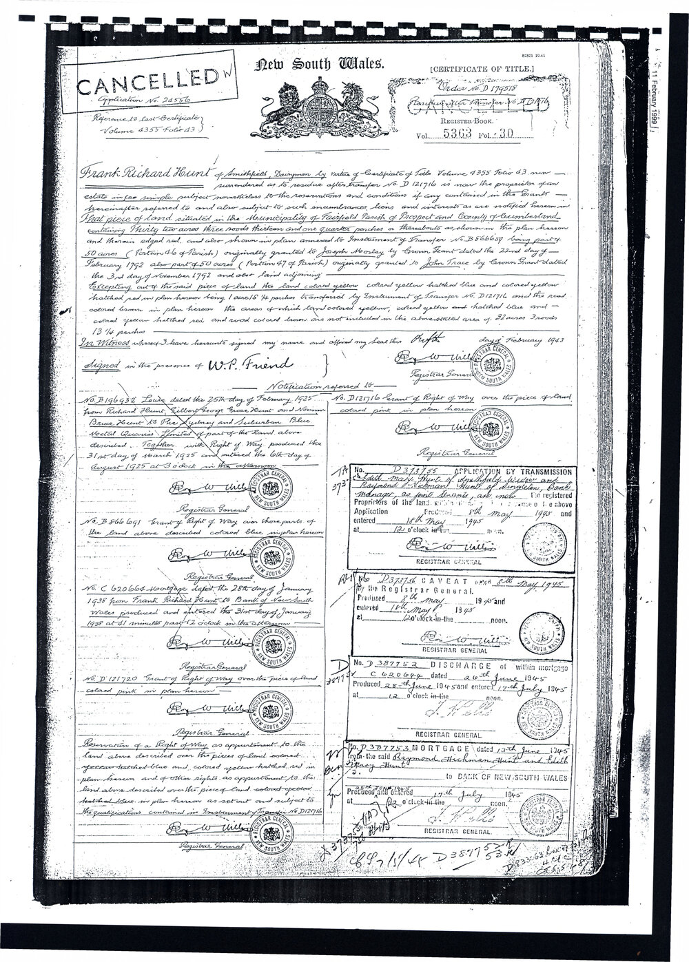 Certificate of Title - Frank Richard Hunt, 1943