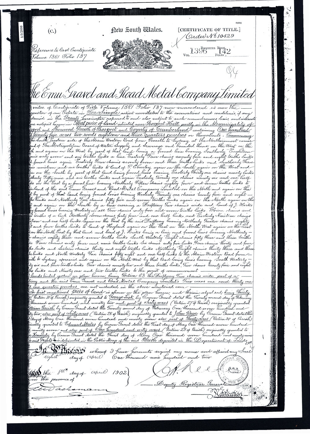 Certificate of Title - The Emu Gravel and Road Metal Company Limited, 1902