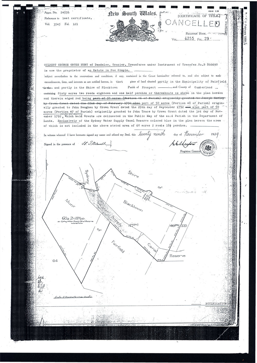 Certificate of Title - Gilbert George Grose Hunt, 1929