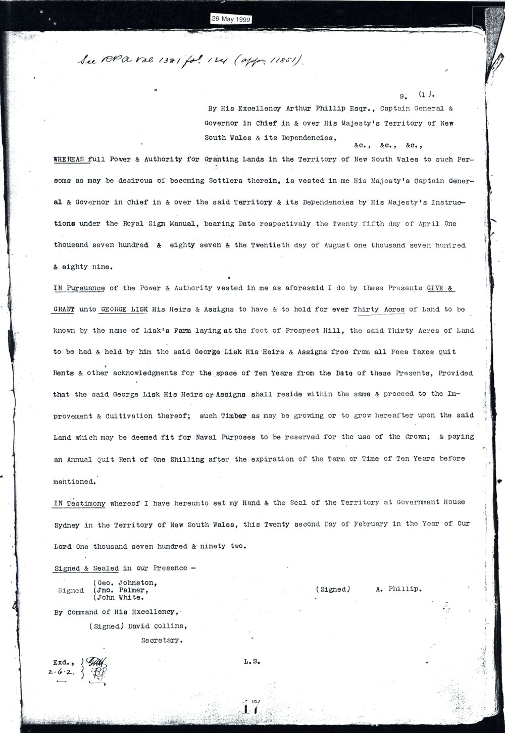 George Lisk land grant, Prospect, 1792