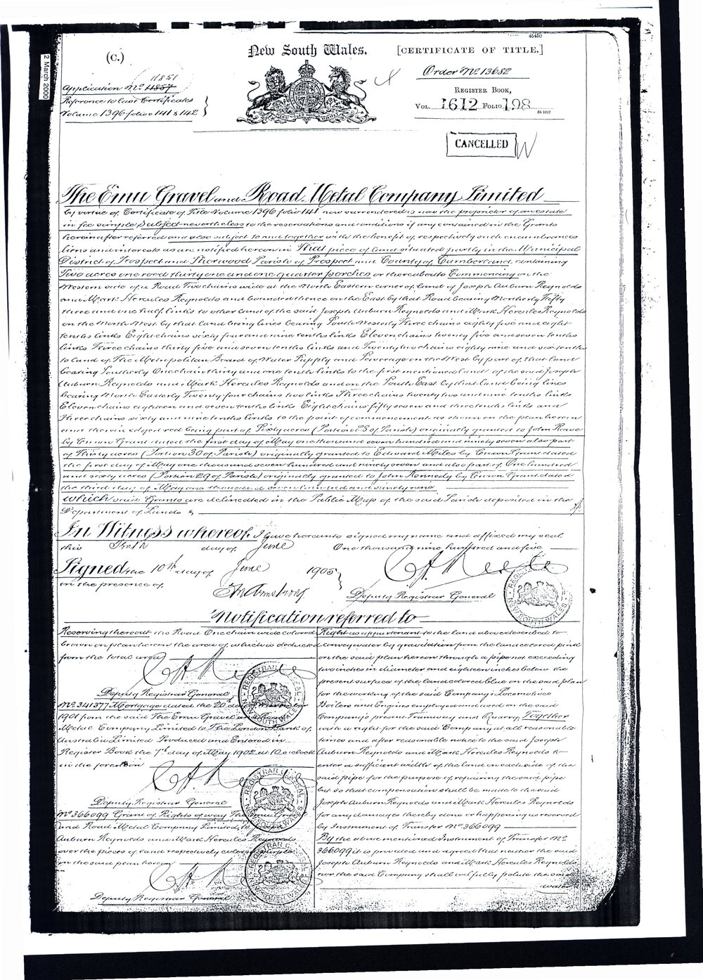 Certificate of Title - The Emu Gravel and Road Metal Company Limited, 1905