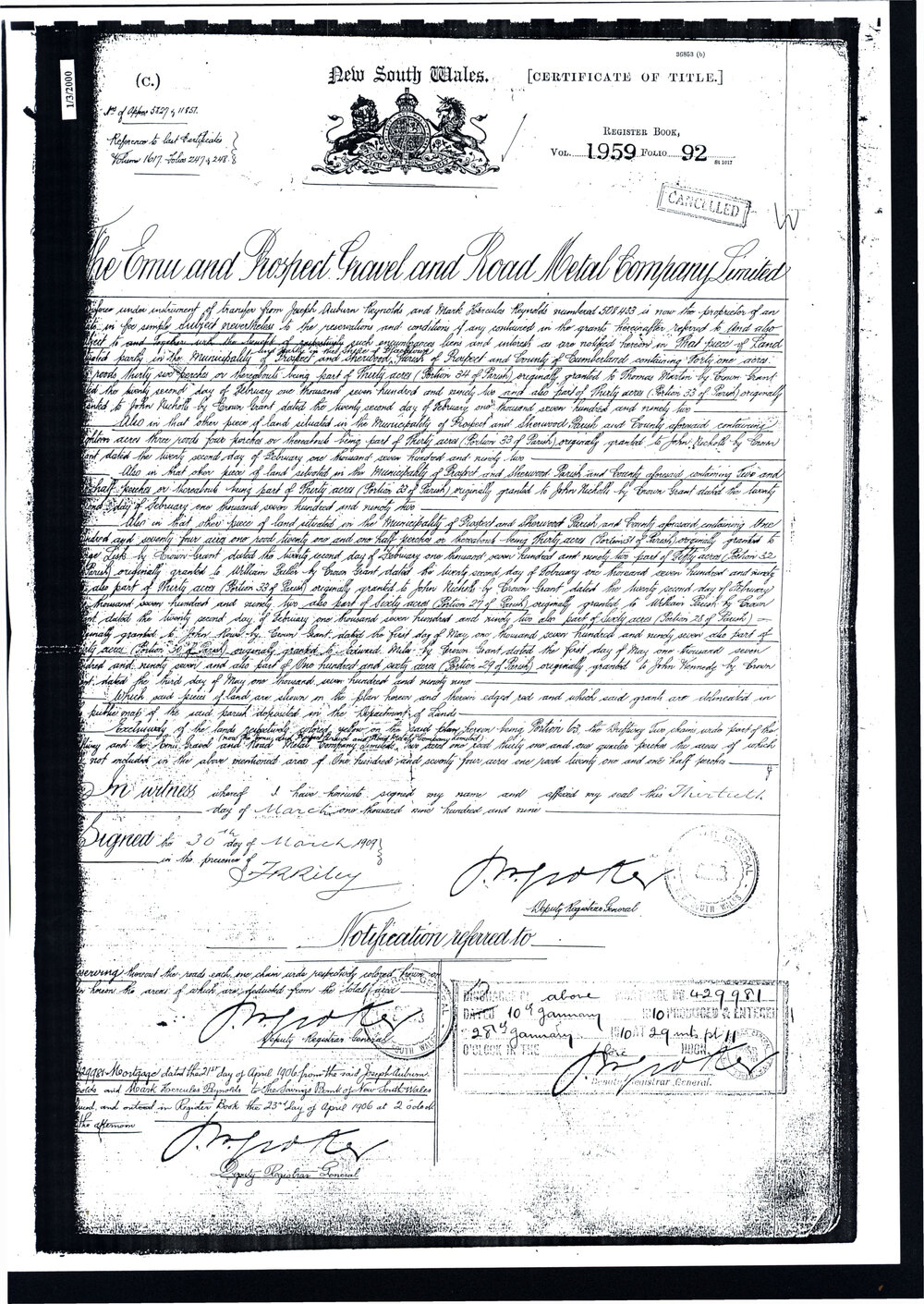 Certificate of Title - The Emu and Prospect Gravel and Road Metal Company Limited, 1909