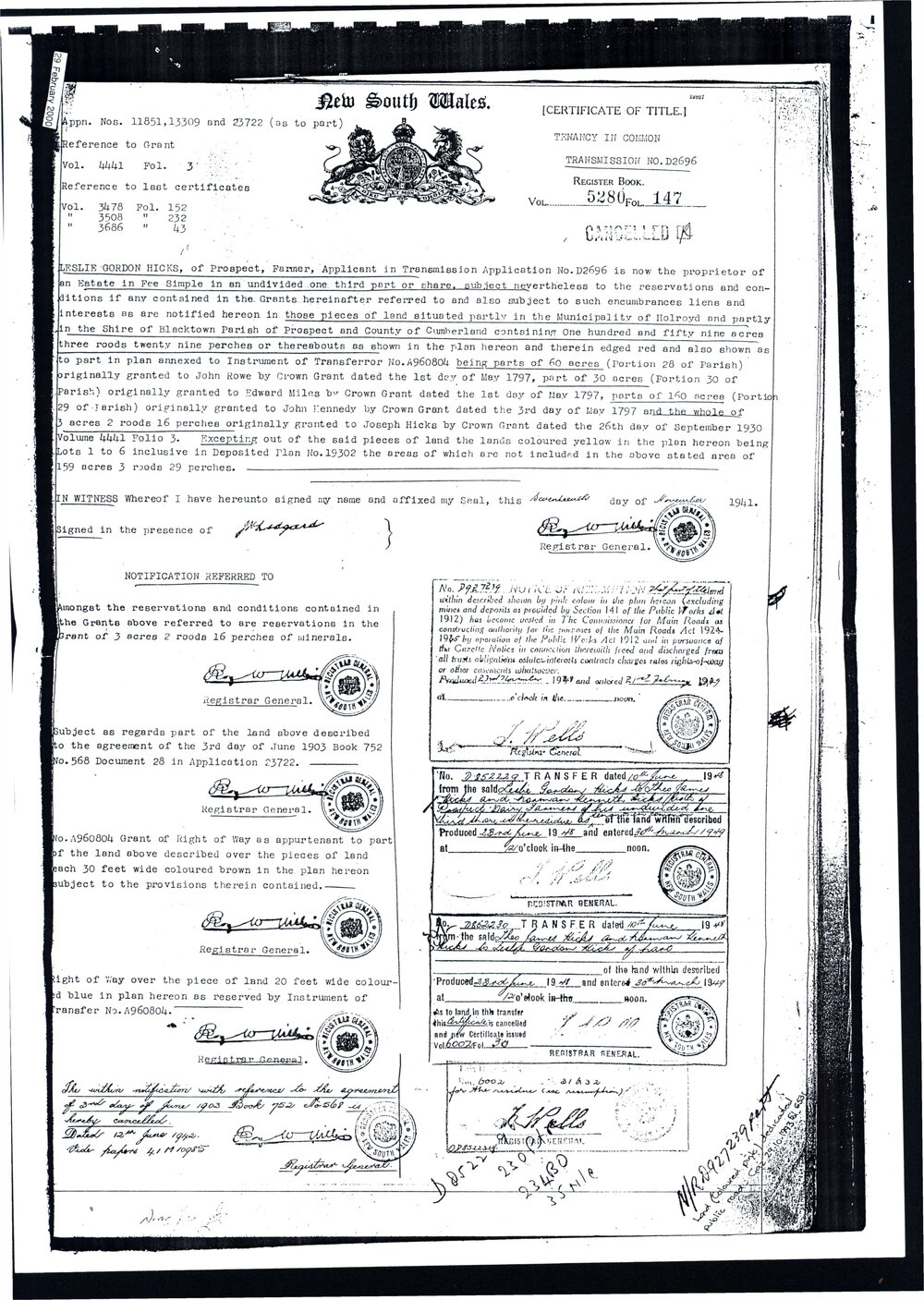 Certificate of Title - Leslie Gordon Hicks, 1941
