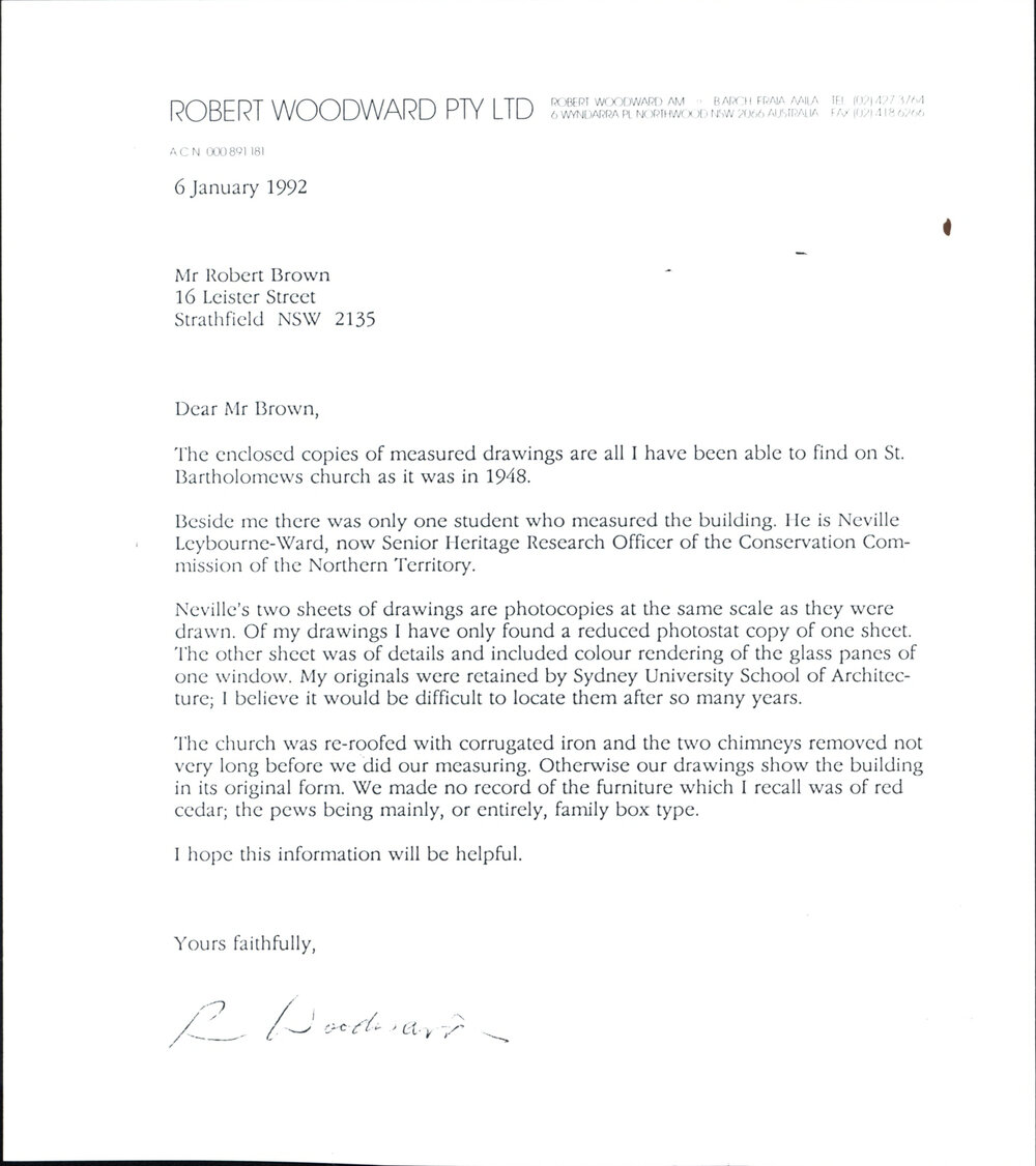 Letter regarding St Bartholomew's Church architecture, 1992