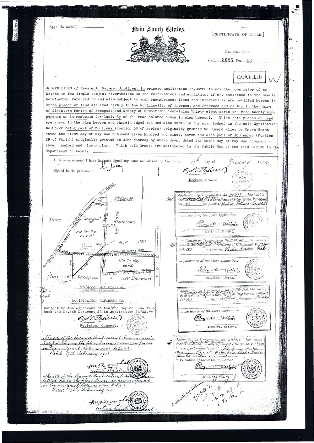 Certificate of Title - Joseph Hicks, 1925