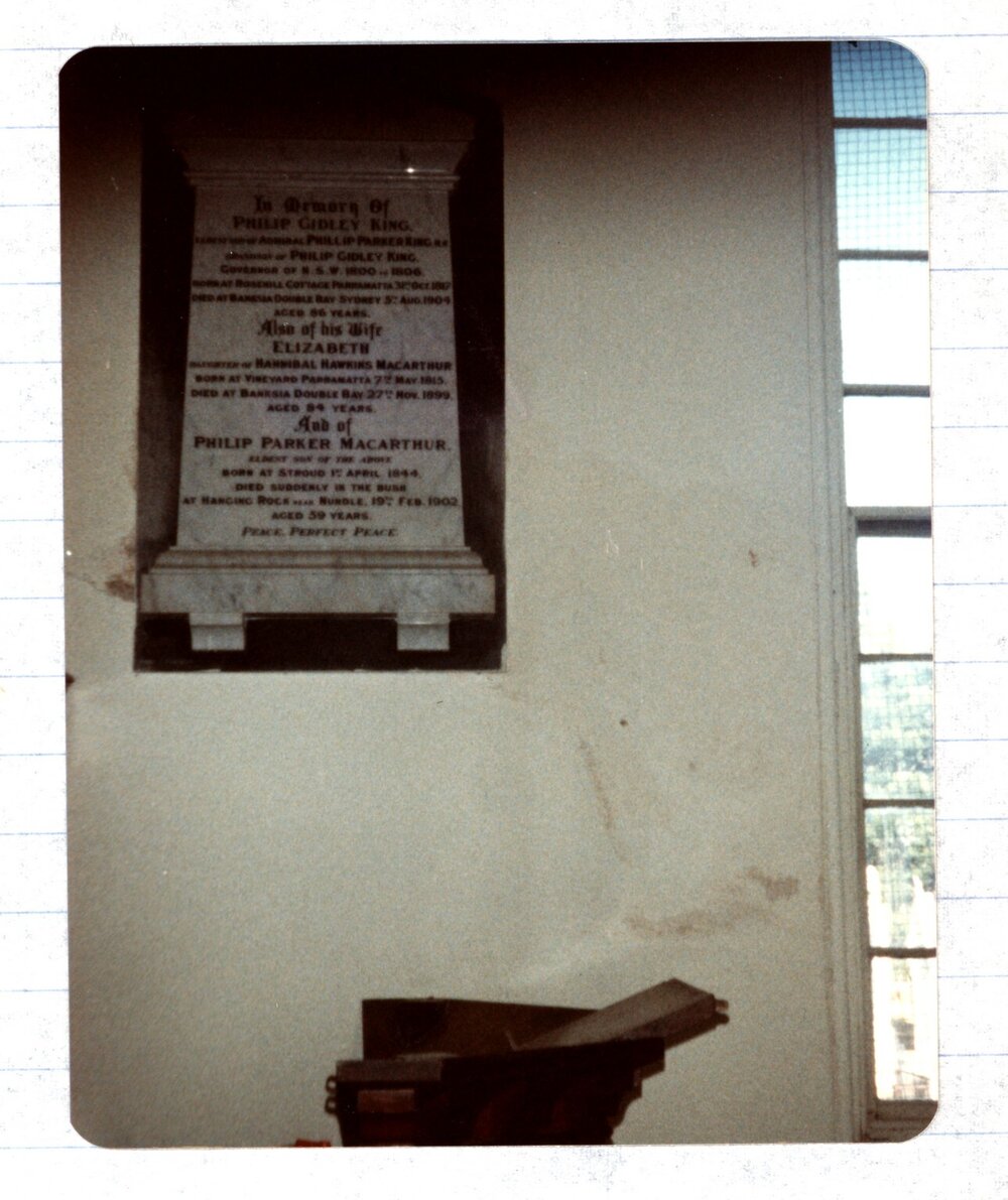 Philip Gidley King, Elizabeth King and Philip Parker Macarthur memorial, 1982