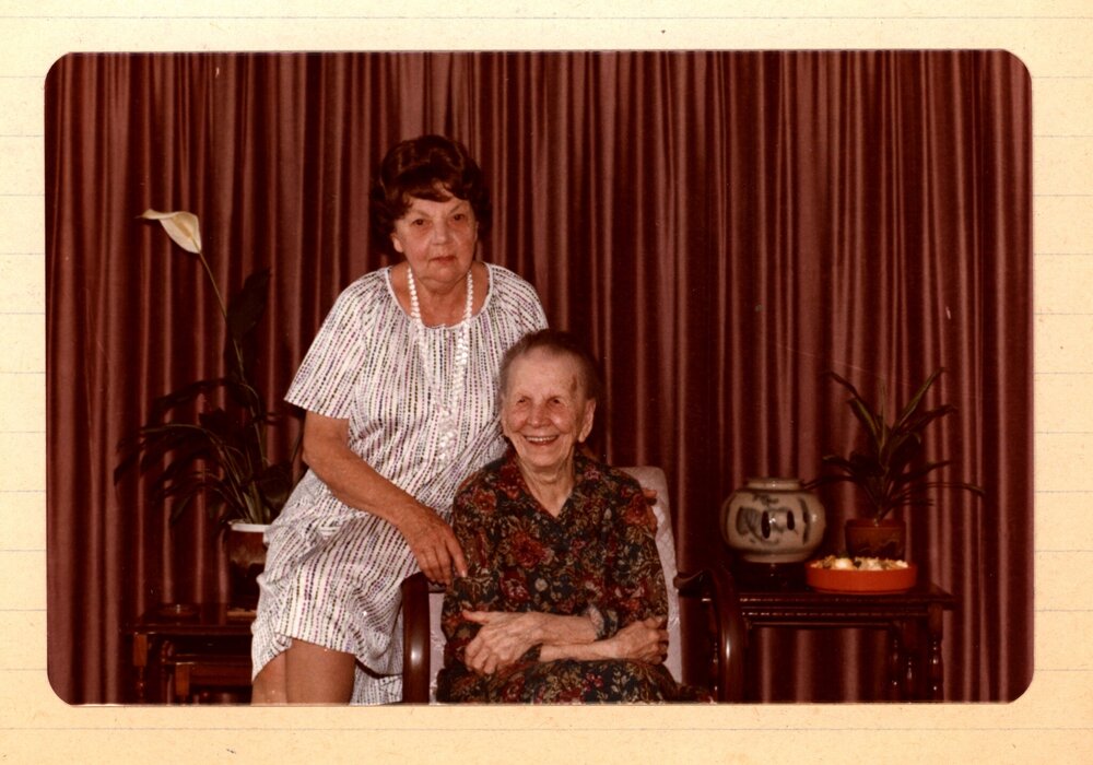 Lillian Ravenscroft on 100th birthday with daughter Enid, 1981