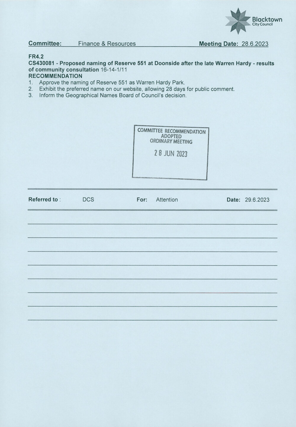 Proposed naming of Reserve 551, Doonside
