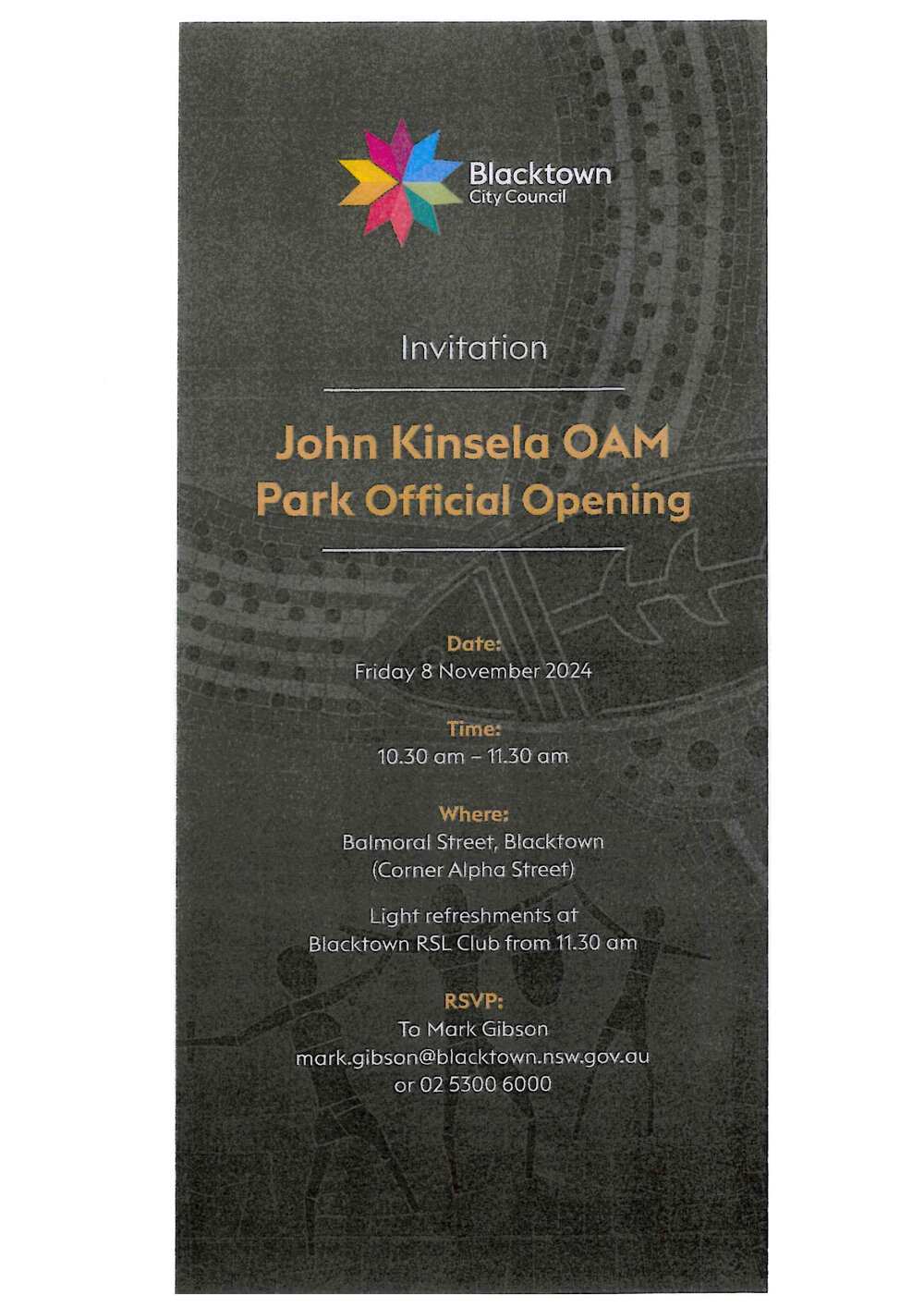 John Kinsela OAM Park, Official opening invitation