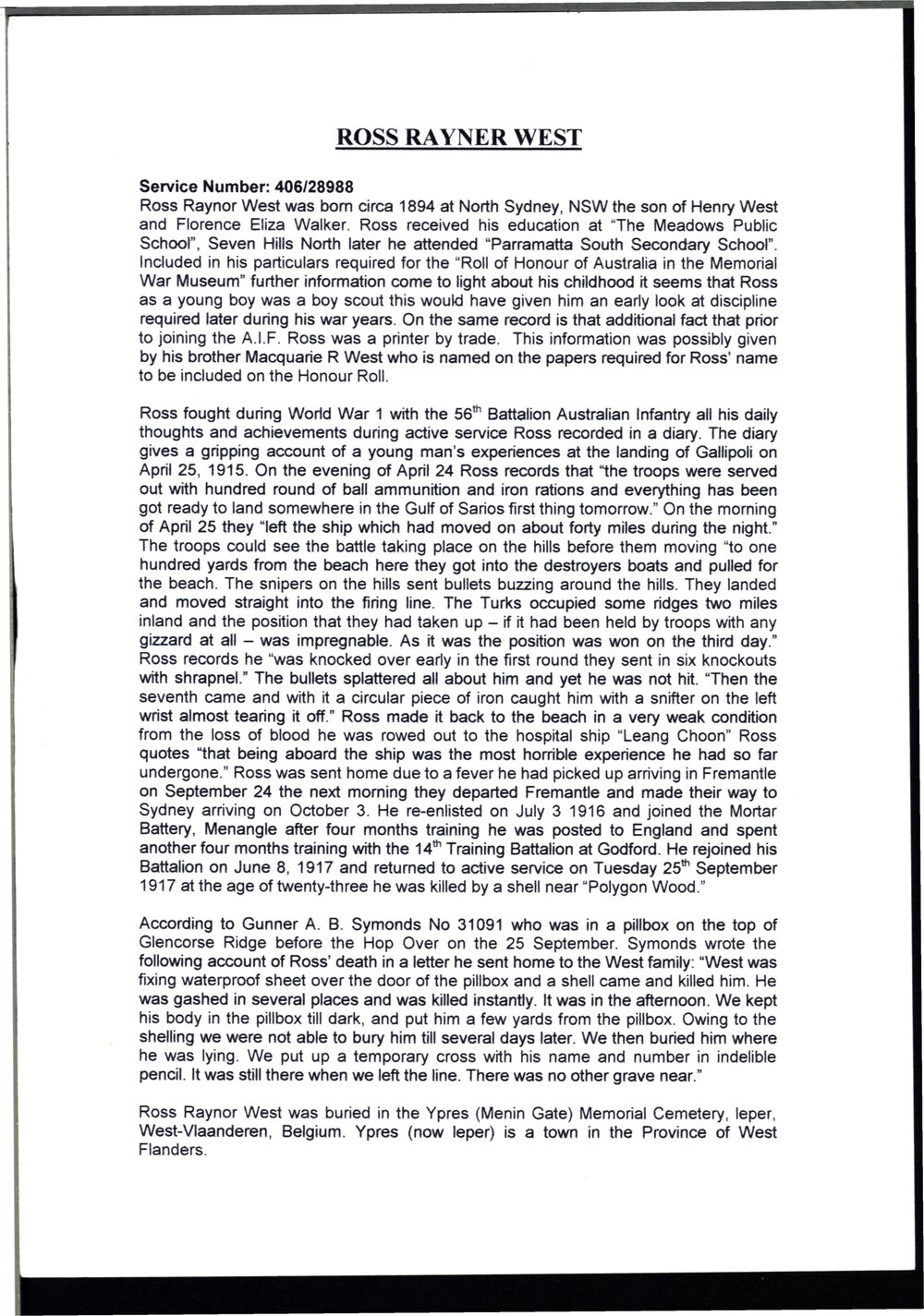 Ross Raynor West biography