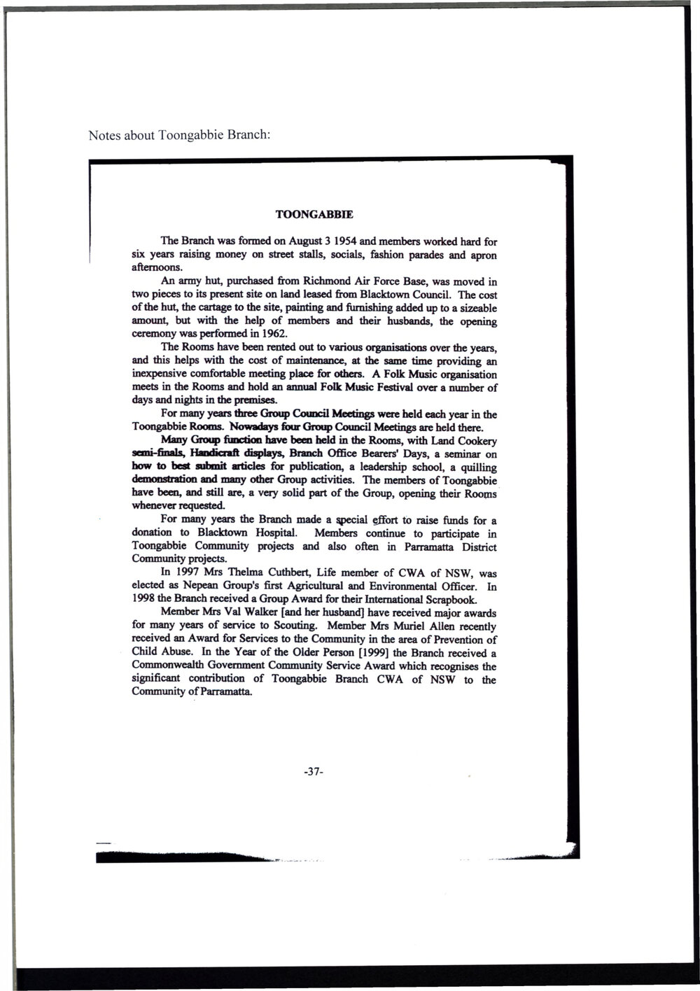 Notes about Toongabbie CWA Branch