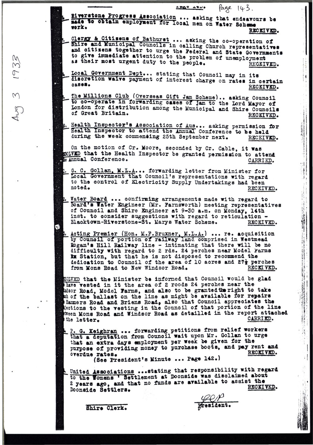 Blacktown Shire Council select minutes, 1933