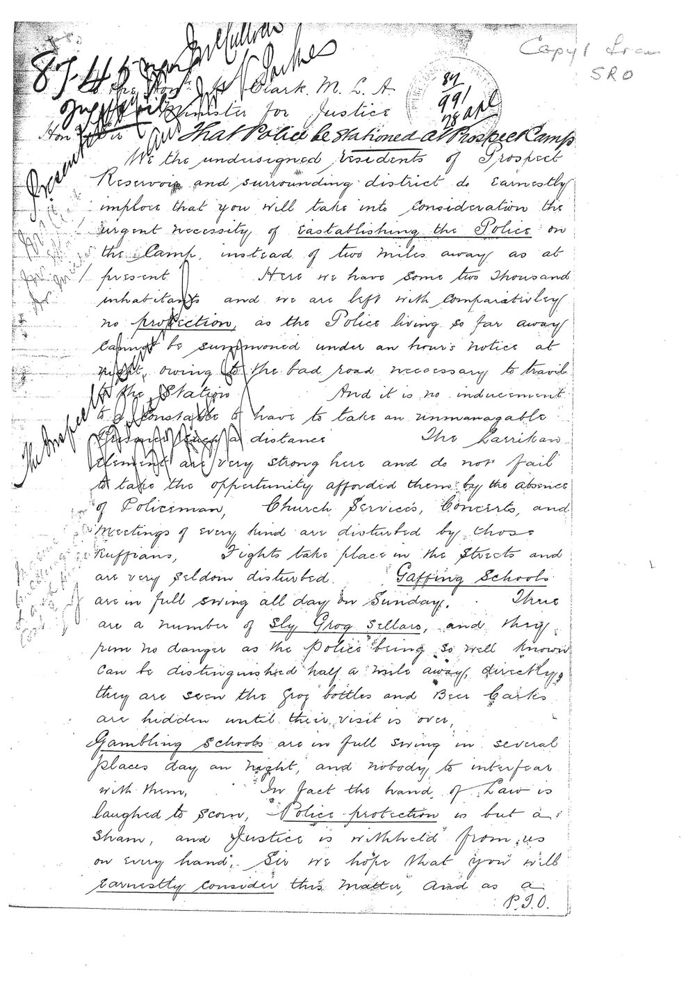 Petition for police at Prospect Camp, c1887