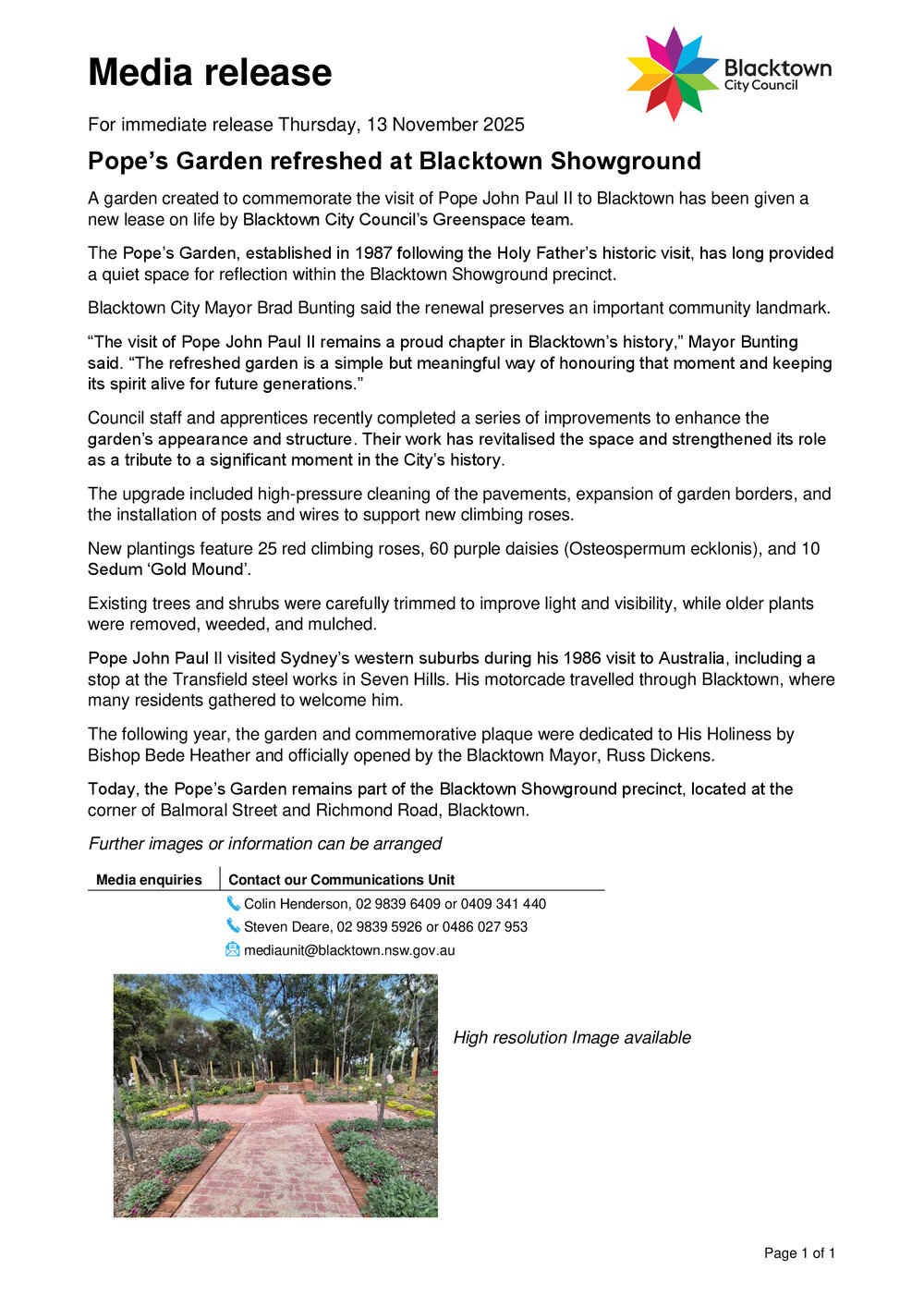 Pope John Paul II Garden refreshed at Blacktown Showground, 2025