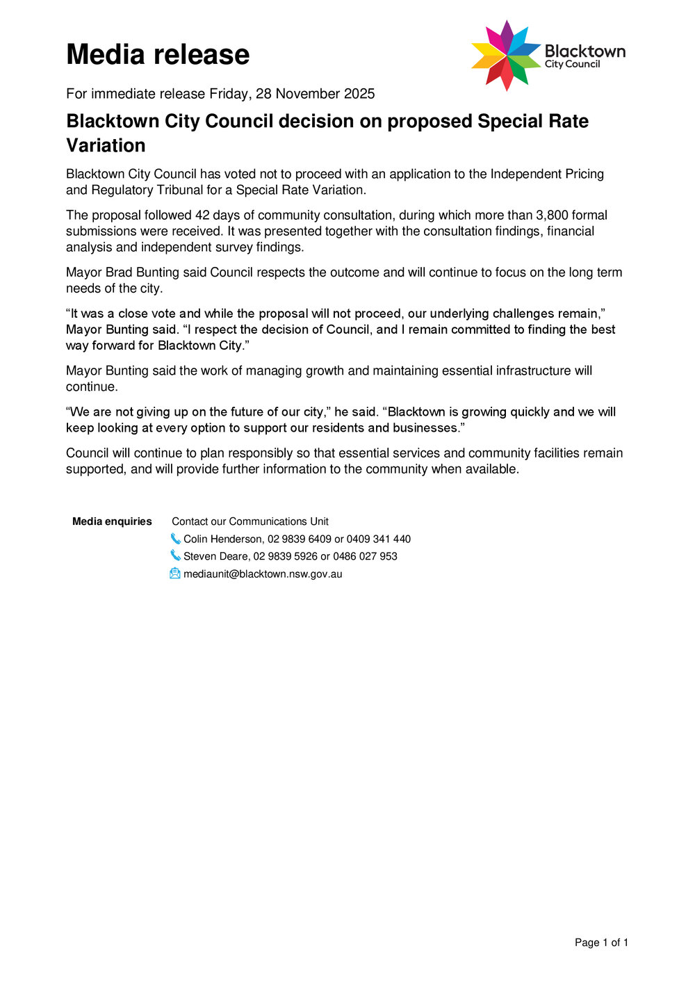 Council decision on proposed Special Rate Variation, 2025