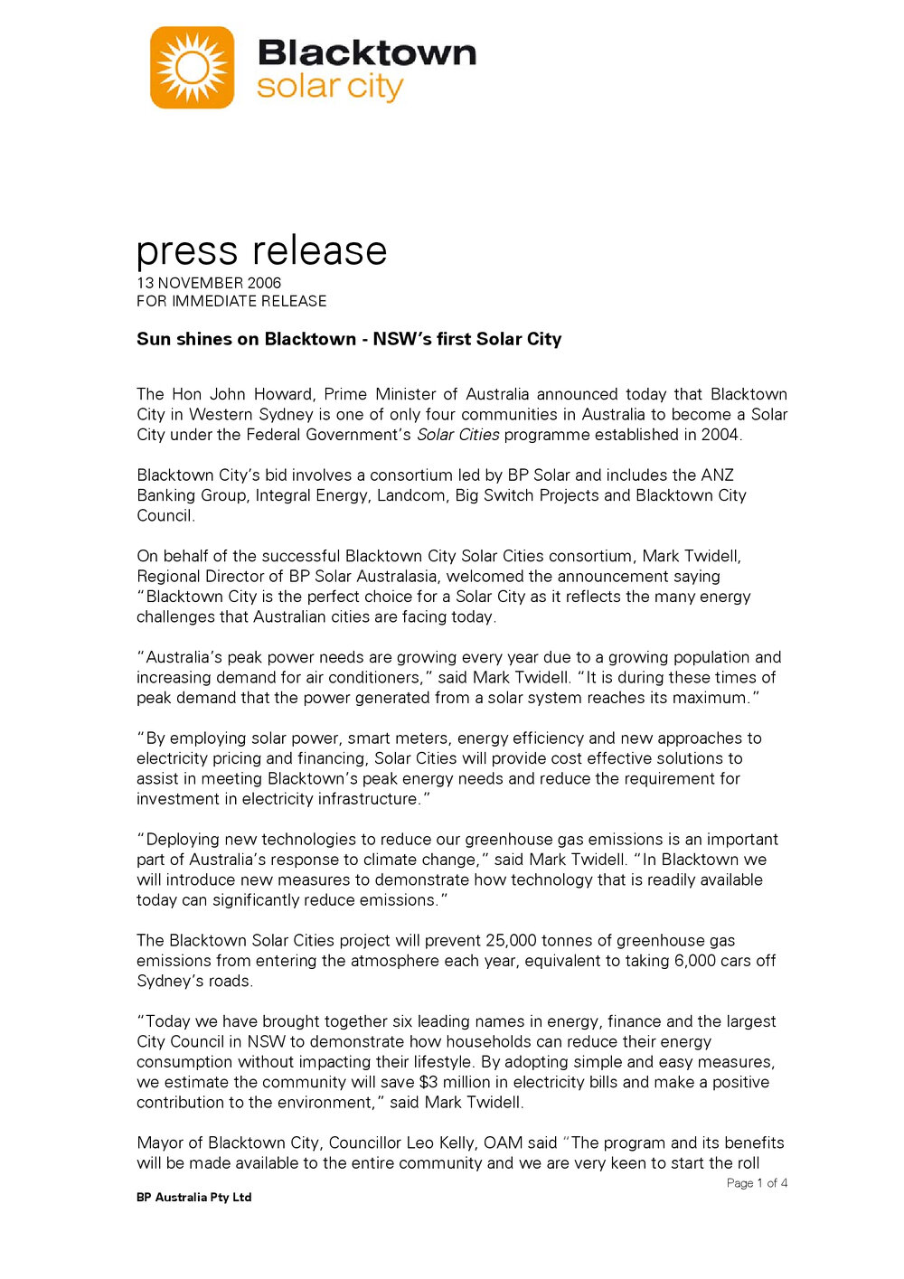 Sun shines on Blacktown, NSW's first Solar City, 2006