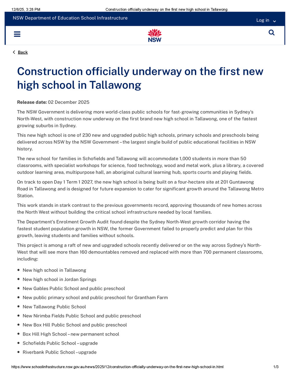 Construction officially underway on new high school in Tallawong, 2025