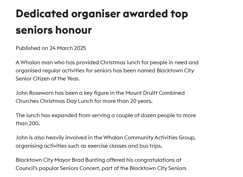 John Roseworn awarded top seniors honour, 2025