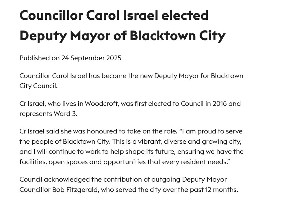 Councillor Carol Israel elected Deputy Mayor of Blacktown City, 2025
