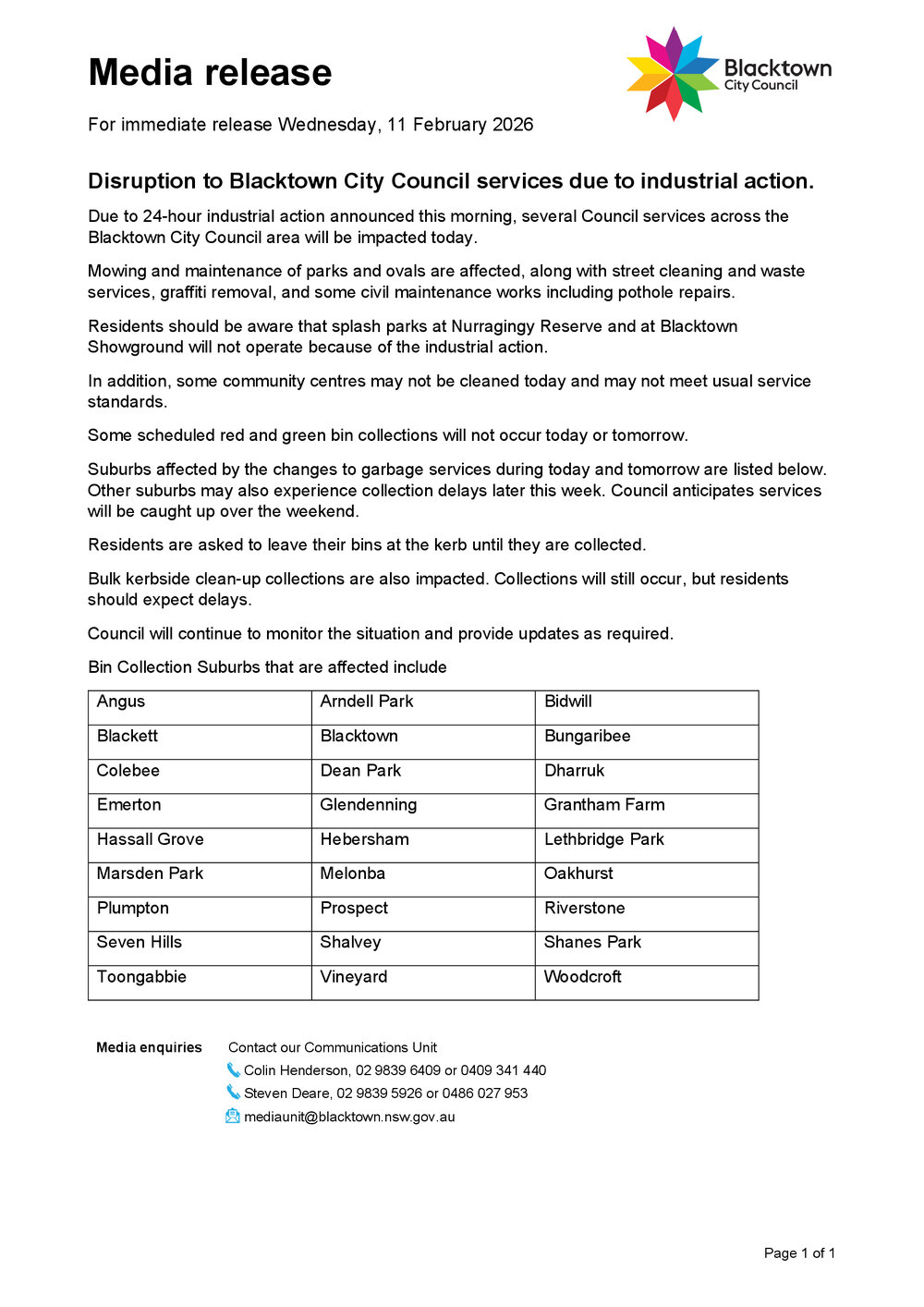 Disruption to council services due to industrial action, 2026