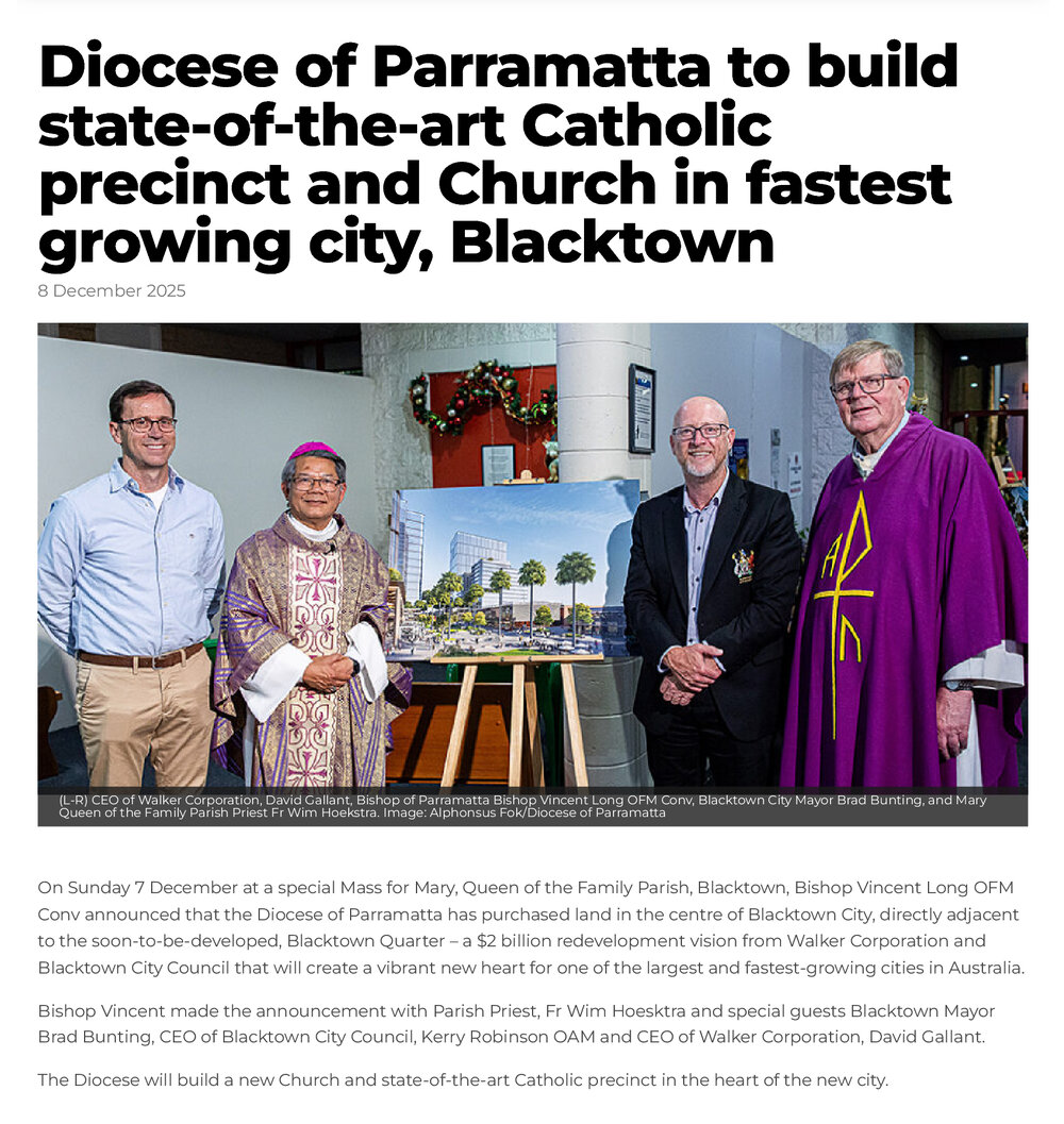 Diocese of Parramatta to build Catholic precinct and Church in Blacktown media release, 2025