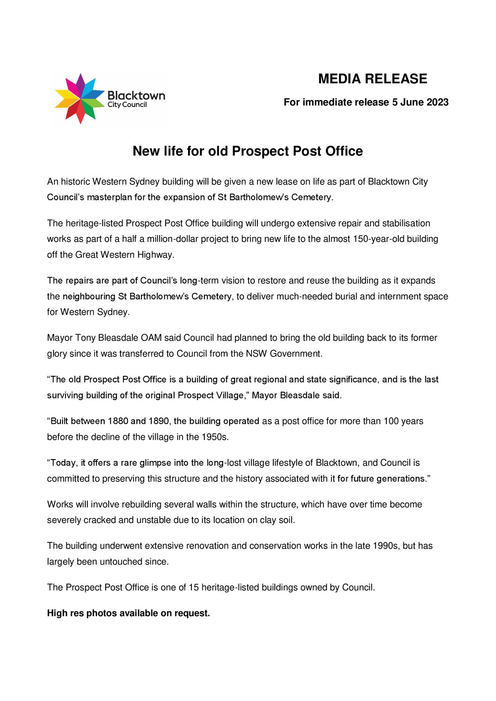 New life for old Prospect Post Office media release, 2023