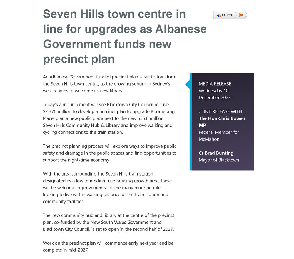 Seven Hills town centre upgrade announcement, 2025